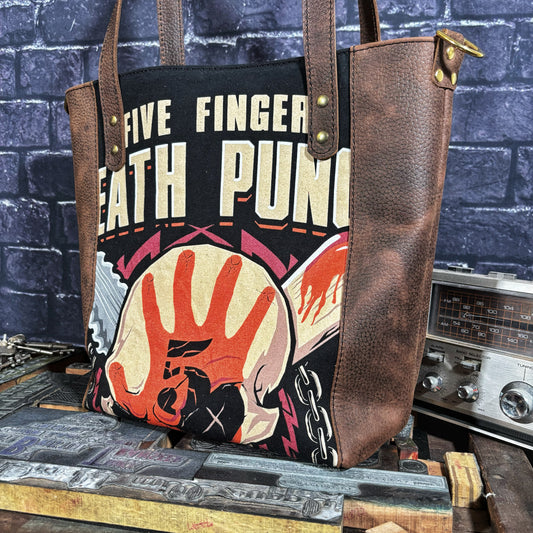 Five Finger Death Punch Repurposed T-shirt Handmade Full Grain Brown Leather Tote Bag