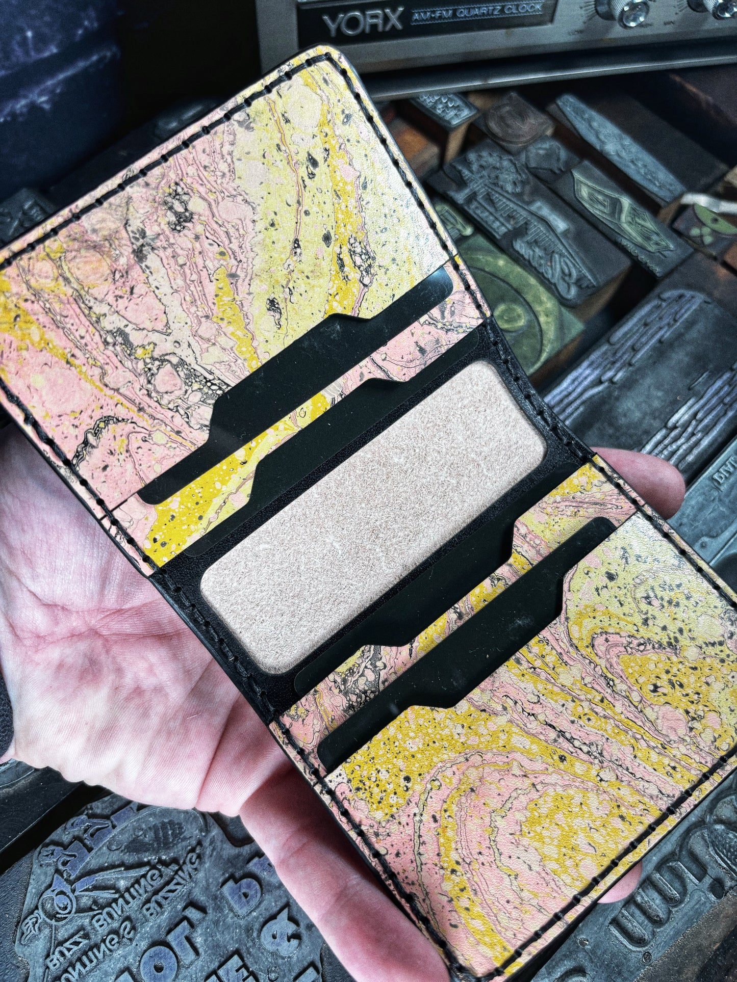 (Only 1) Handmade 6 Pocket Grateful Dead Marbled Pink/Yellow Leather Bifold Minimalist Wallet