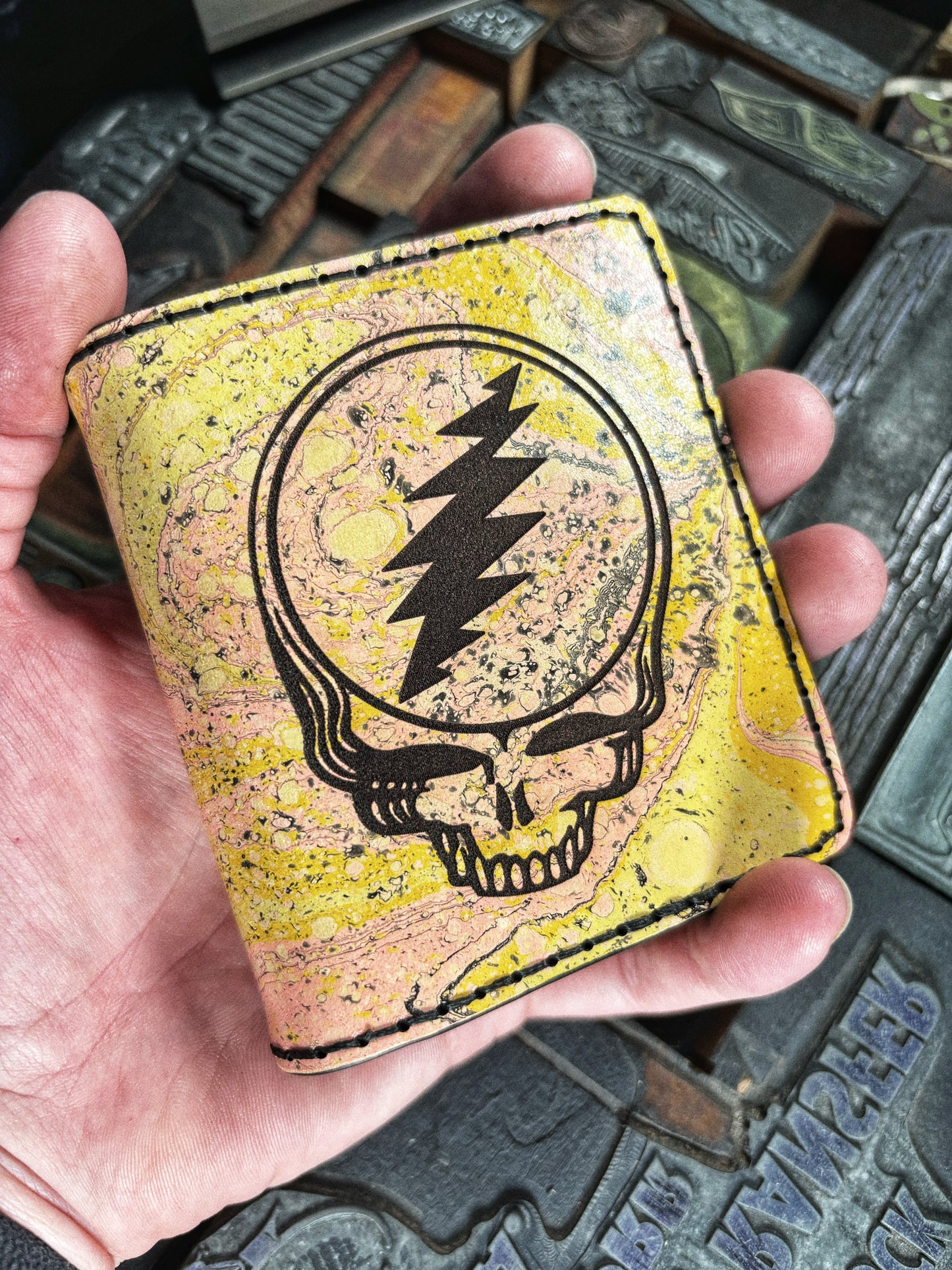 (Only 1) Handmade 6 Pocket Grateful Dead Marbled Pink/Yellow Leather Bifold Minimalist Wallet