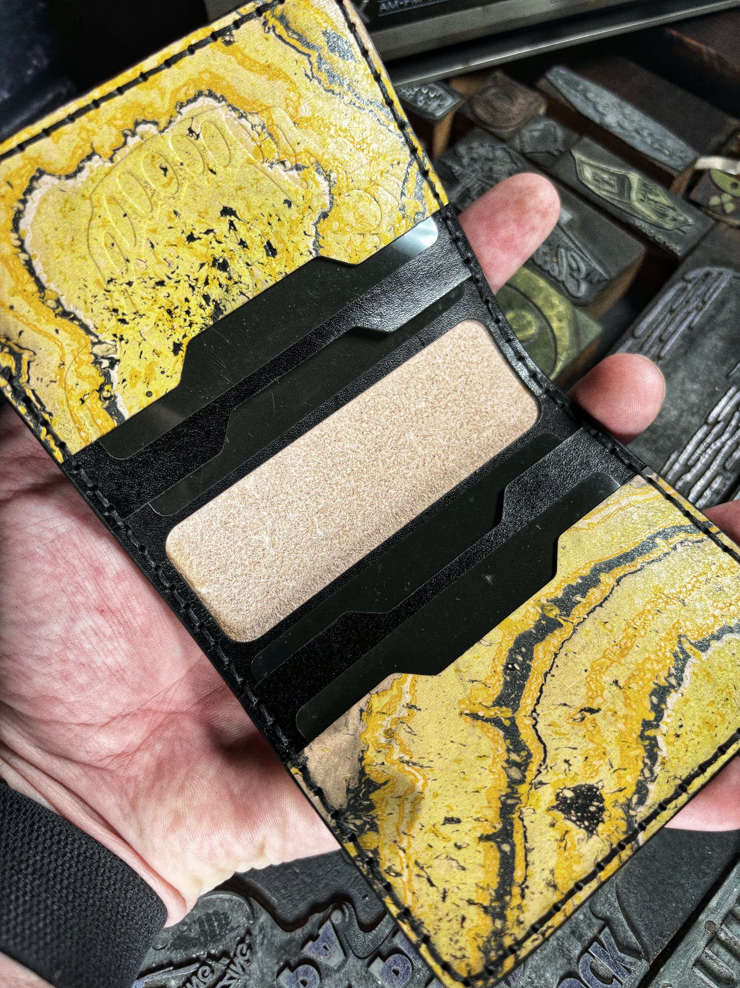 (Only 1) Handmade 6 Pocket Grateful Dead Marbled Yellow/Black Leather Bifold Minimalist Wallet