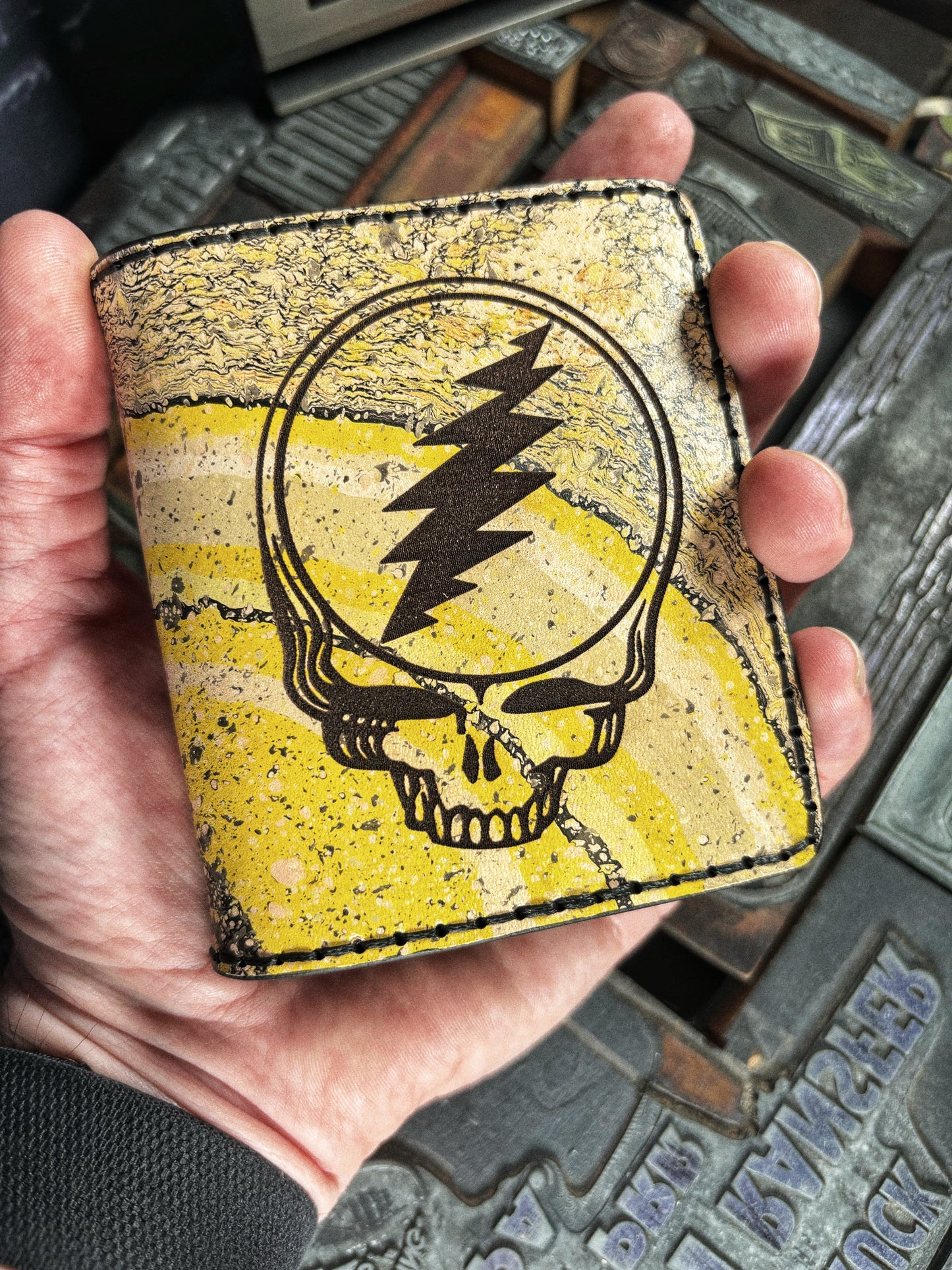 (Only 1) Handmade 6 Pocket Grateful Dead Marbled Yellow/Black Leather Bifold Minimalist Wallet