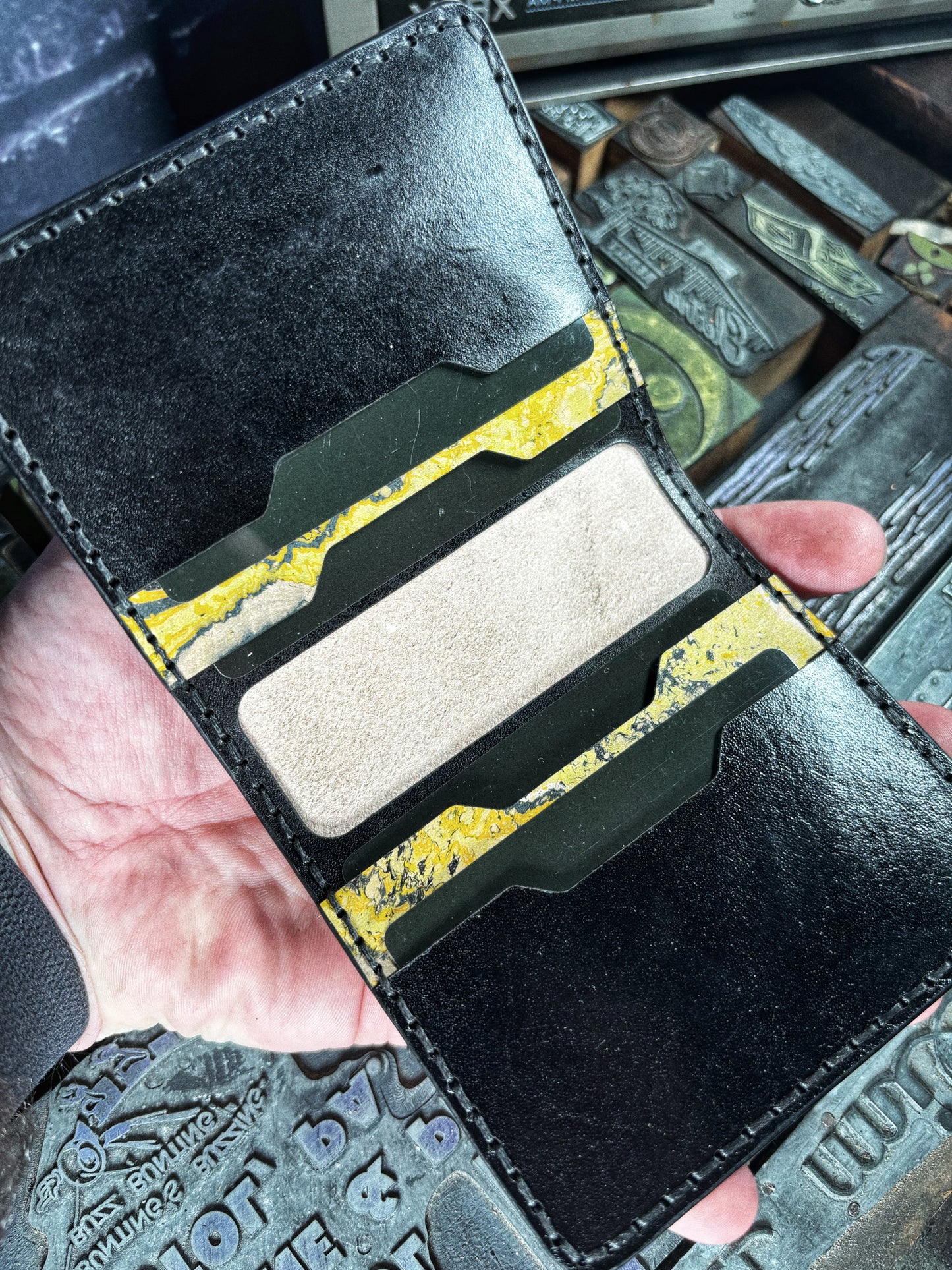 (Only 1) Handmade 6 Pocket Grateful Dead Marbled Yellow/Black Leather Bifold Minimalist Wallet