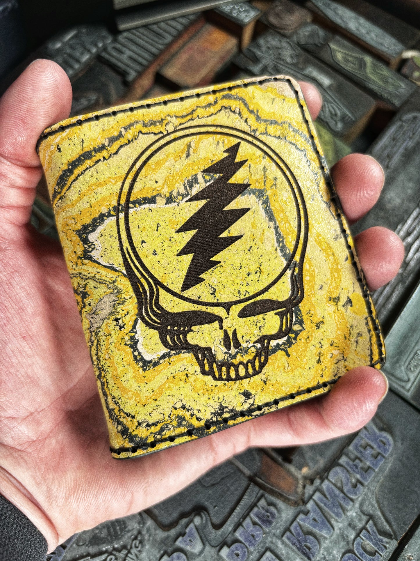 (Only 1) Handmade 6 Pocket Grateful Dead Marbled Yellow/Black Leather Bifold Minimalist Wallet