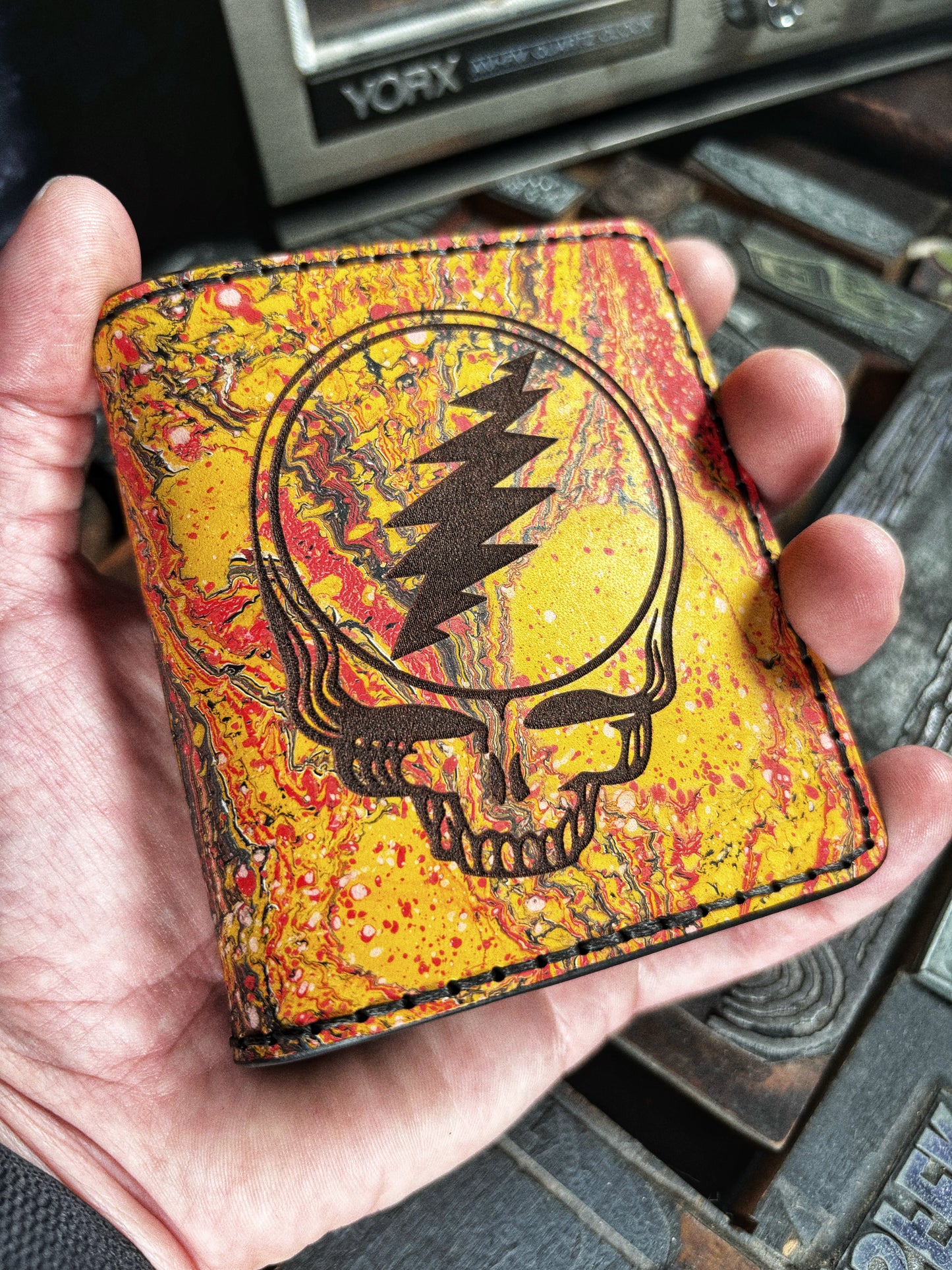 (Only 1) Handmade 6 Pocket Grateful Dead Marbled Color Explosion Leather Bifold Minimalist Wallet