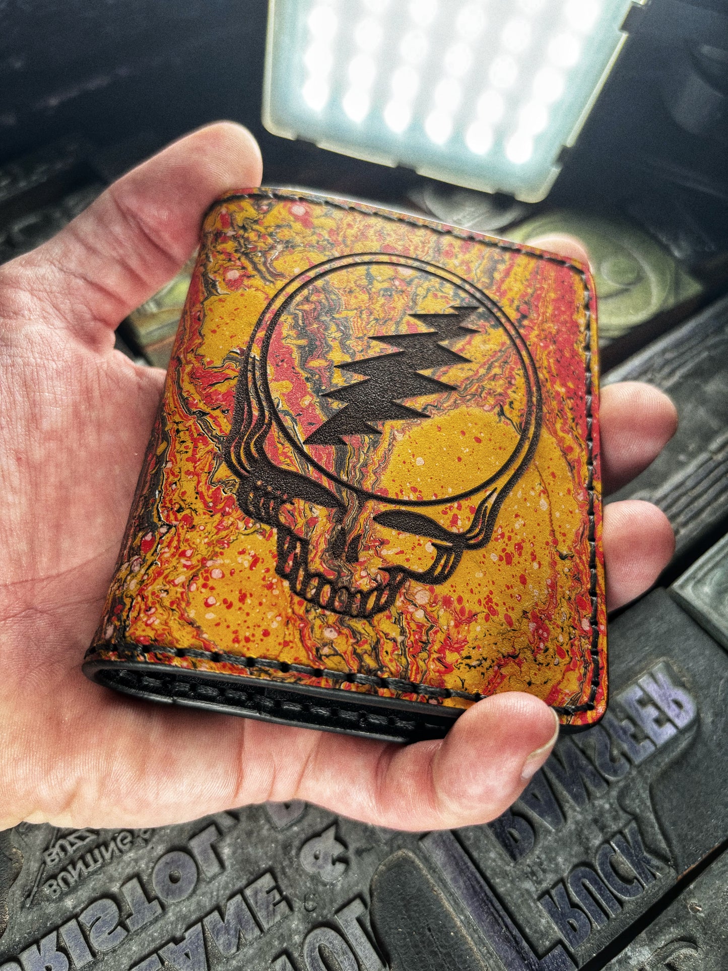 (Only 1) Handmade 6 Pocket Grateful Dead Marbled Color Explosion Leather Bifold Minimalist Wallet