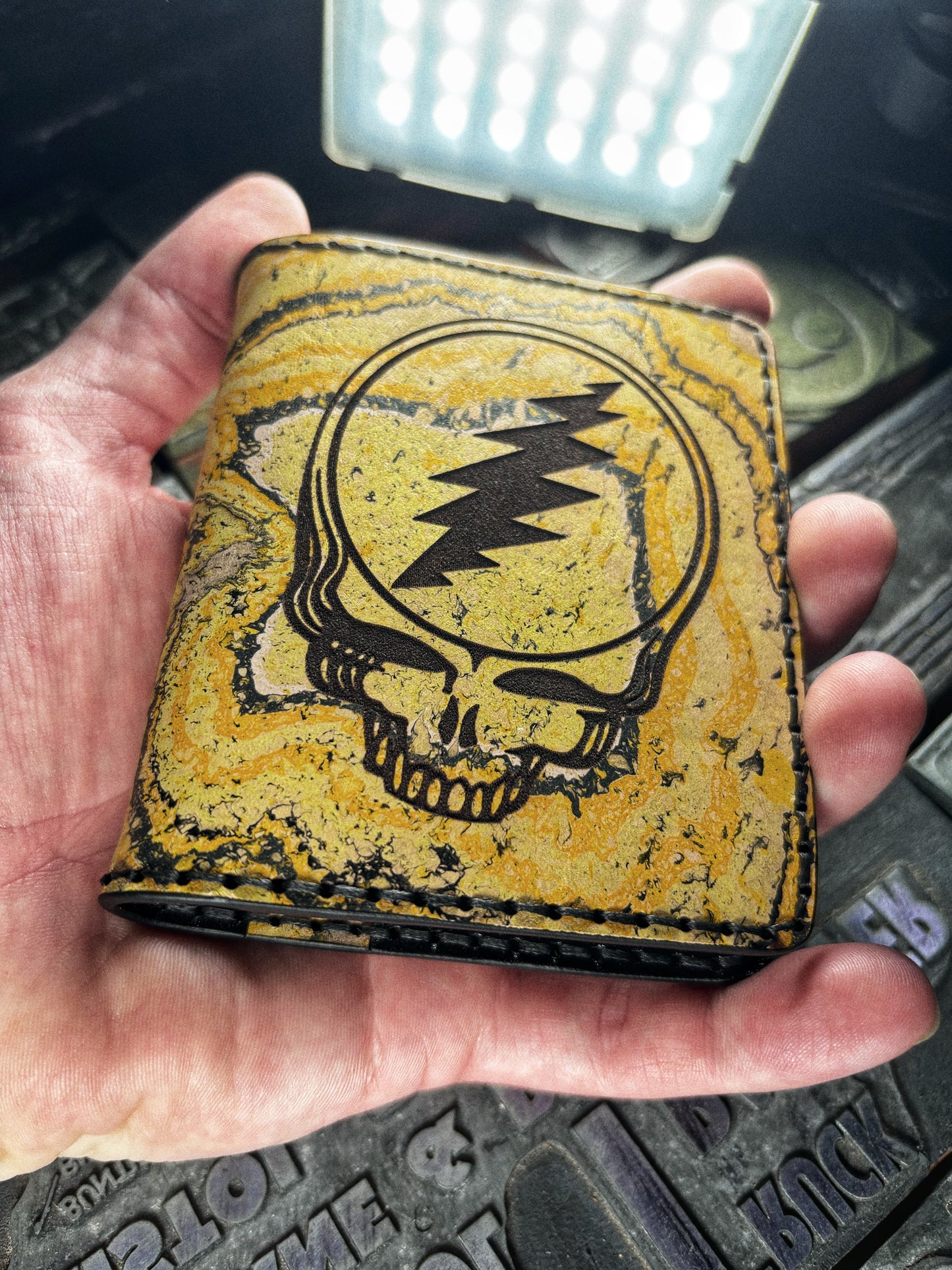 (Only 1) Handmade 6 Pocket Grateful Dead Marbled Yellow/Black Leather Bifold Minimalist Wallet