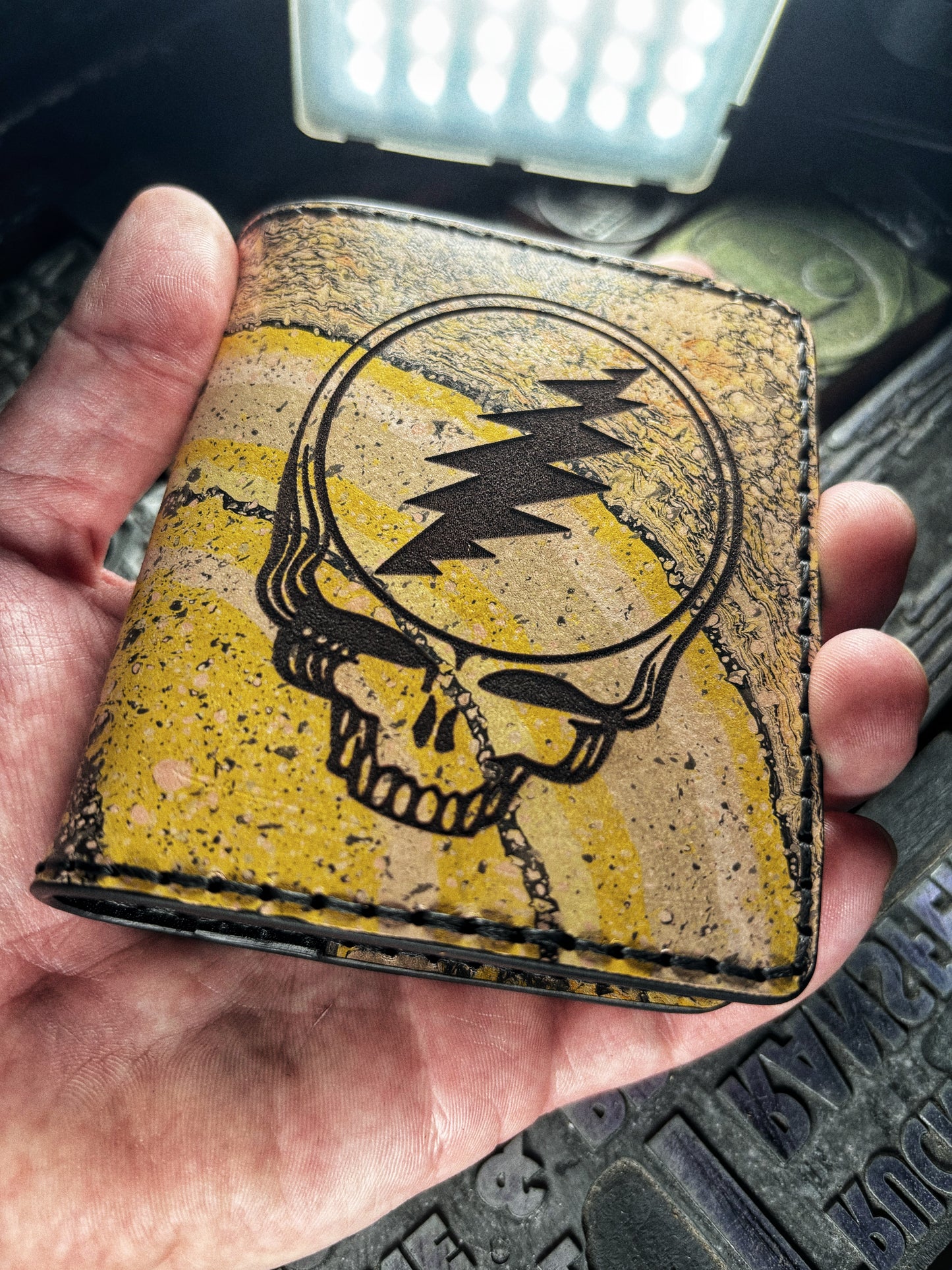 (Only 1) Handmade 6 Pocket Grateful Dead Marbled Yellow/Black Leather Bifold Minimalist Wallet