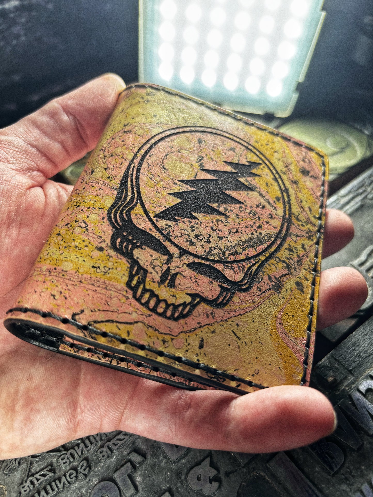 (Only 1) Handmade 6 Pocket Grateful Dead Marbled Pink/Yellow Leather Bifold Minimalist Wallet