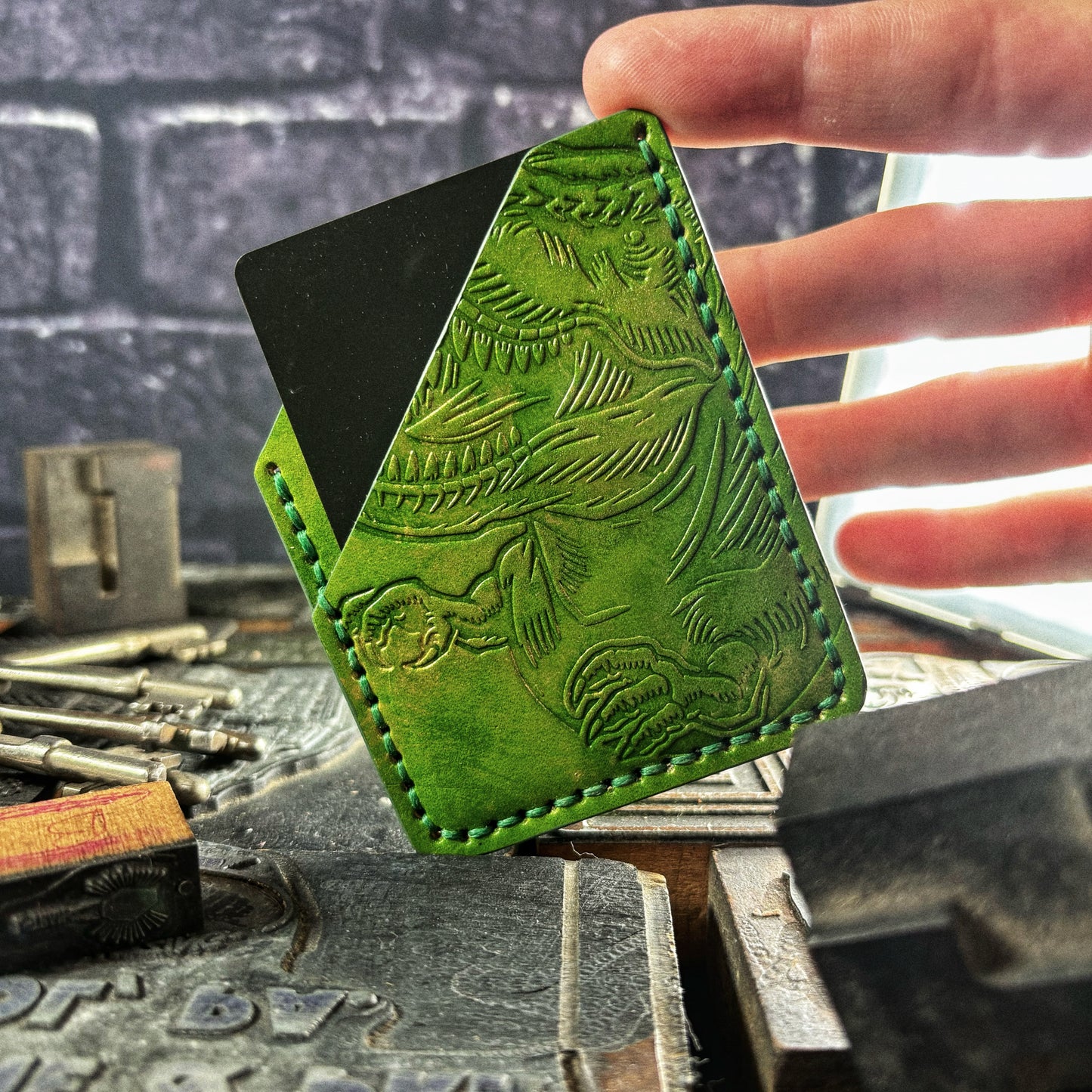 Metallic Green T Rex Dinosaur Embossed Hand Made Leather Minimalist Wallet