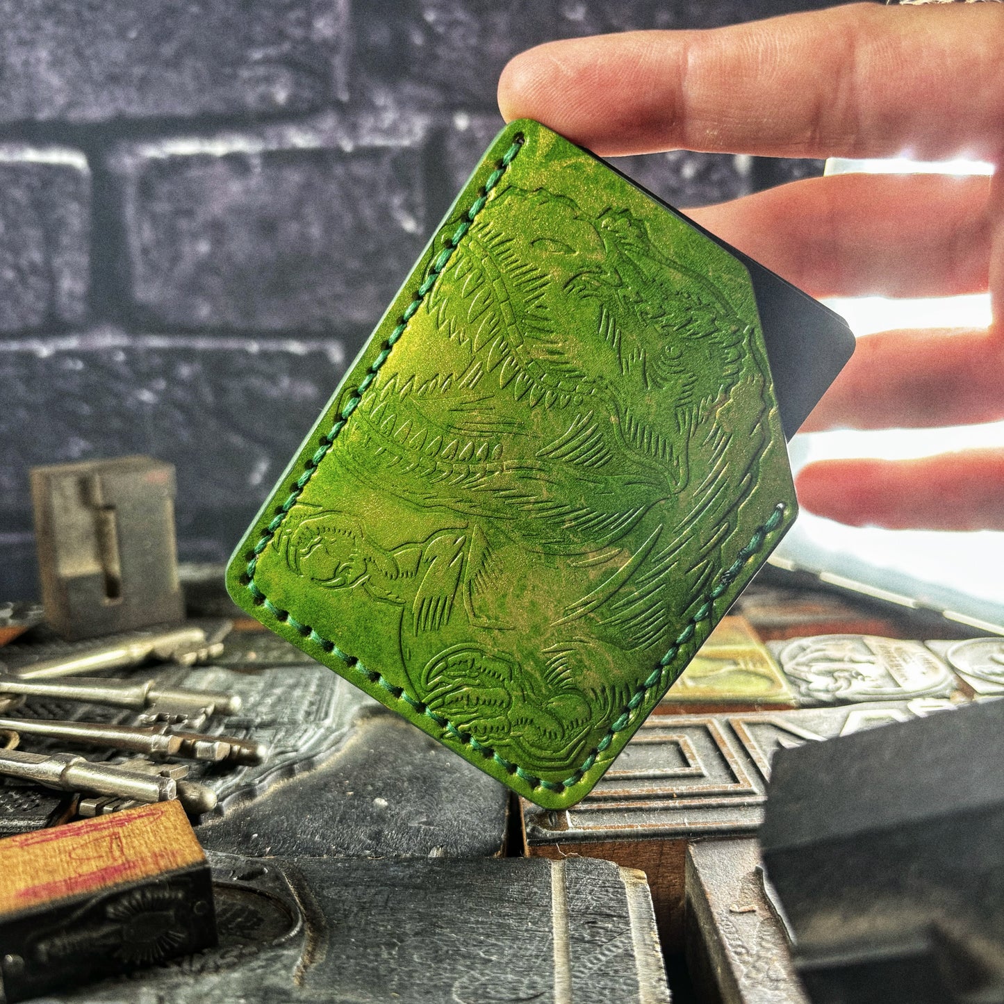 Metallic Green T Rex Dinosaur Embossed Hand Made Leather Minimalist Wallet