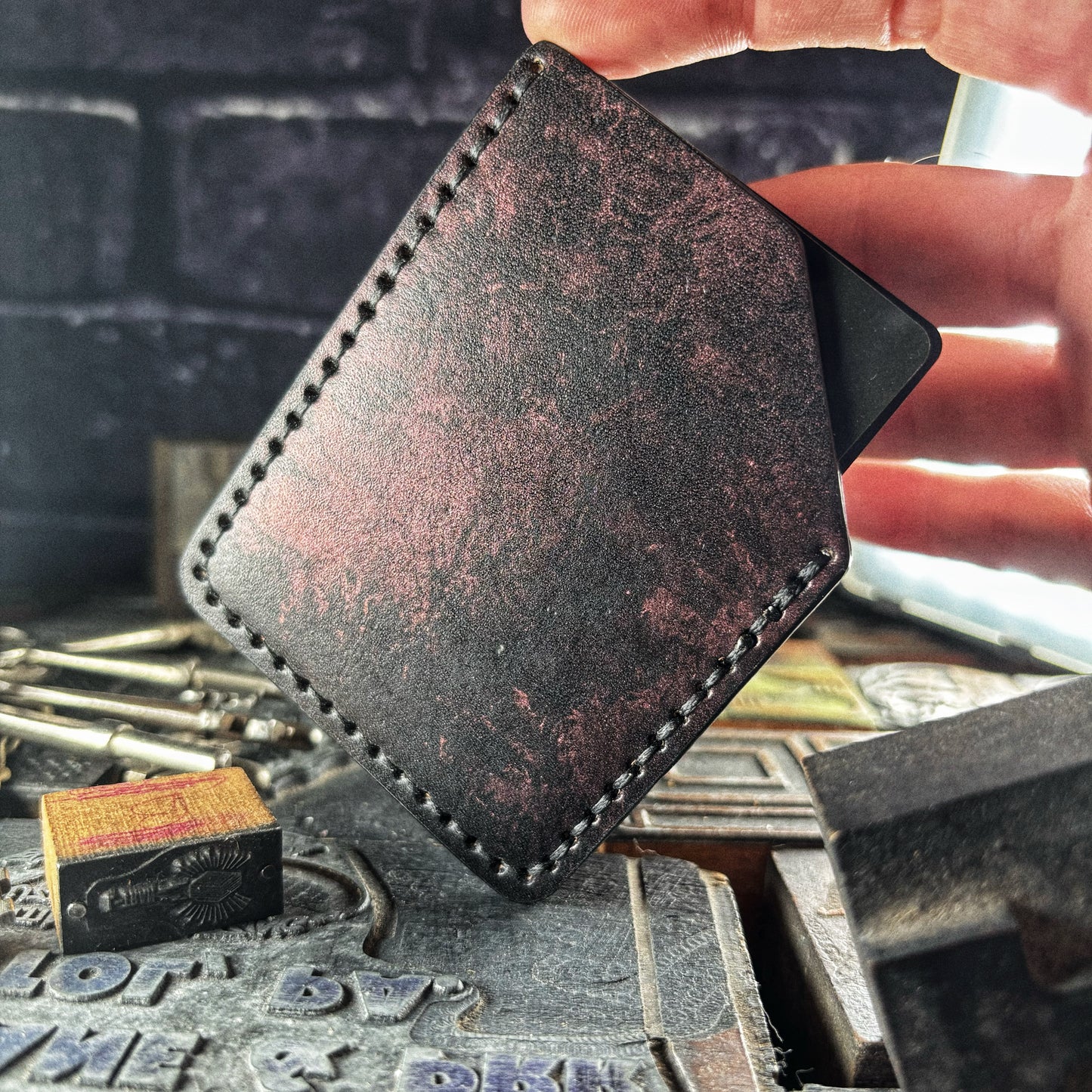 Metallic Lost Reaper Embossed Hand Made Leather Minimalist Wallet