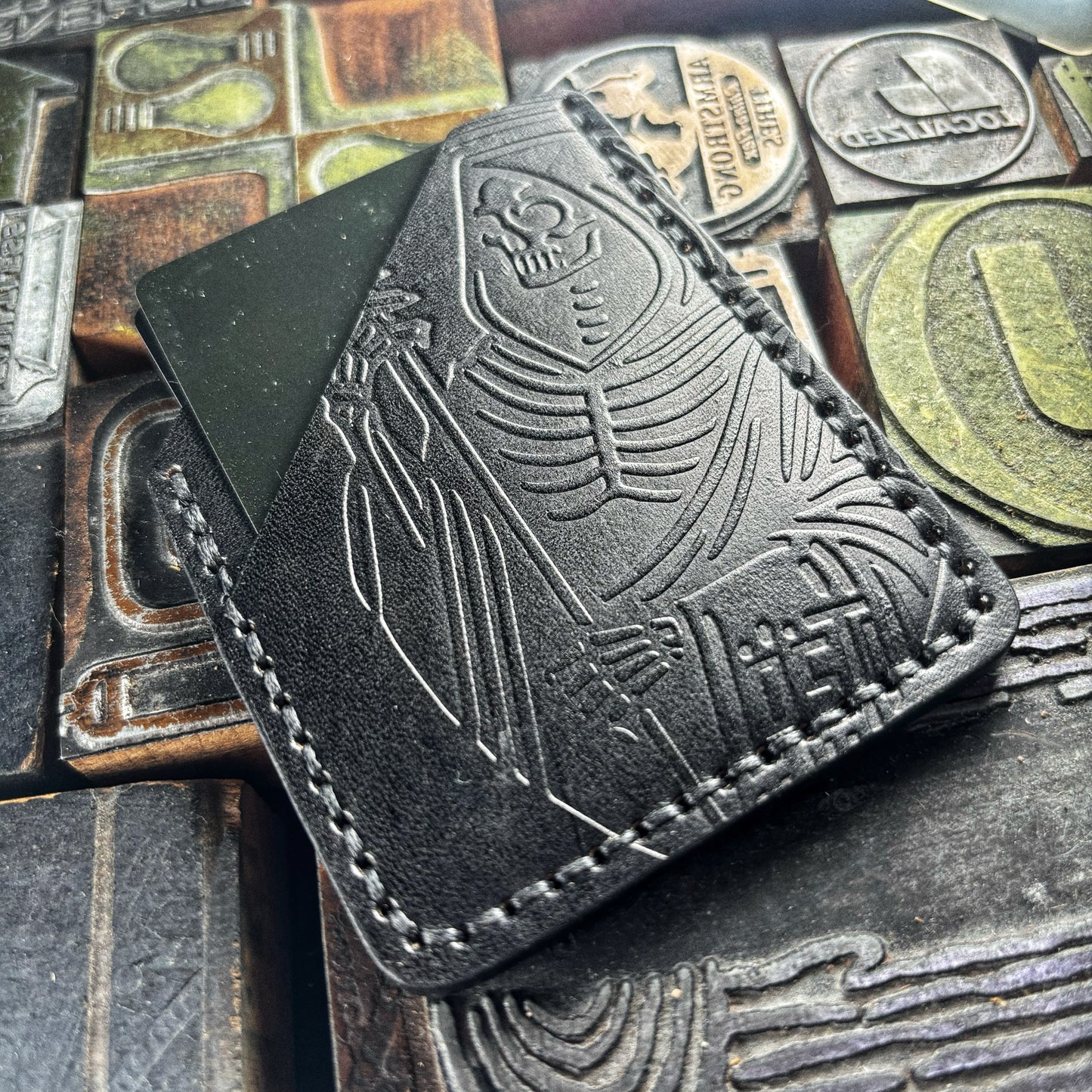 Black Lost Reaper Embossed Hand Made Leather Minimalist Wallet