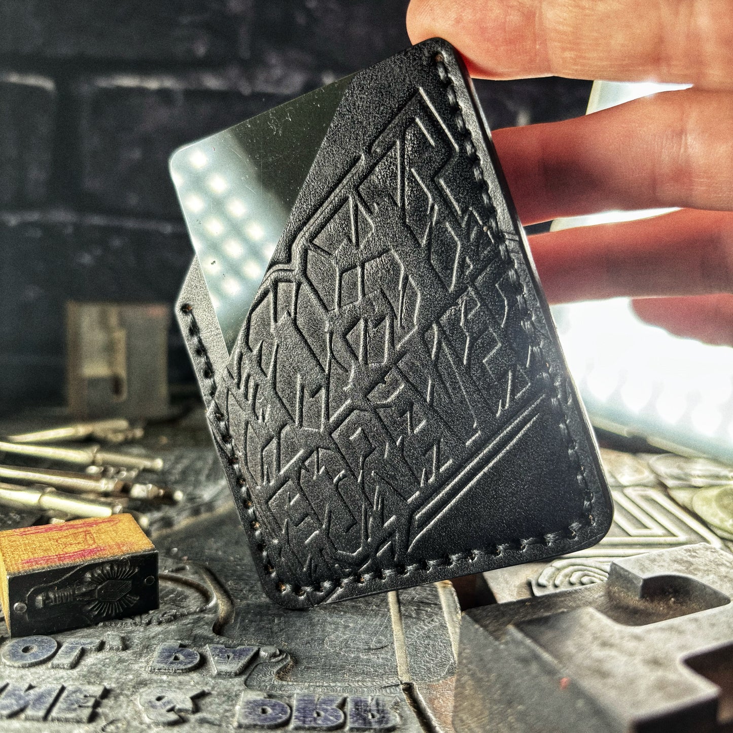 Black Lost Forever Embossed Hand Made Leather Minimalist Wallet