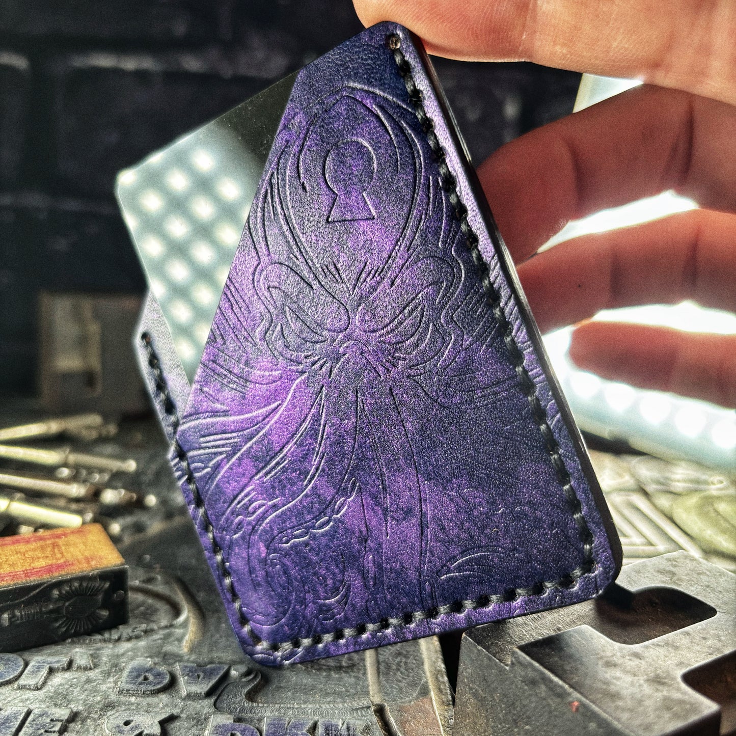 Metallic Purple Angry Kraken Embossed Hand Made Leather Minimalist Wallet