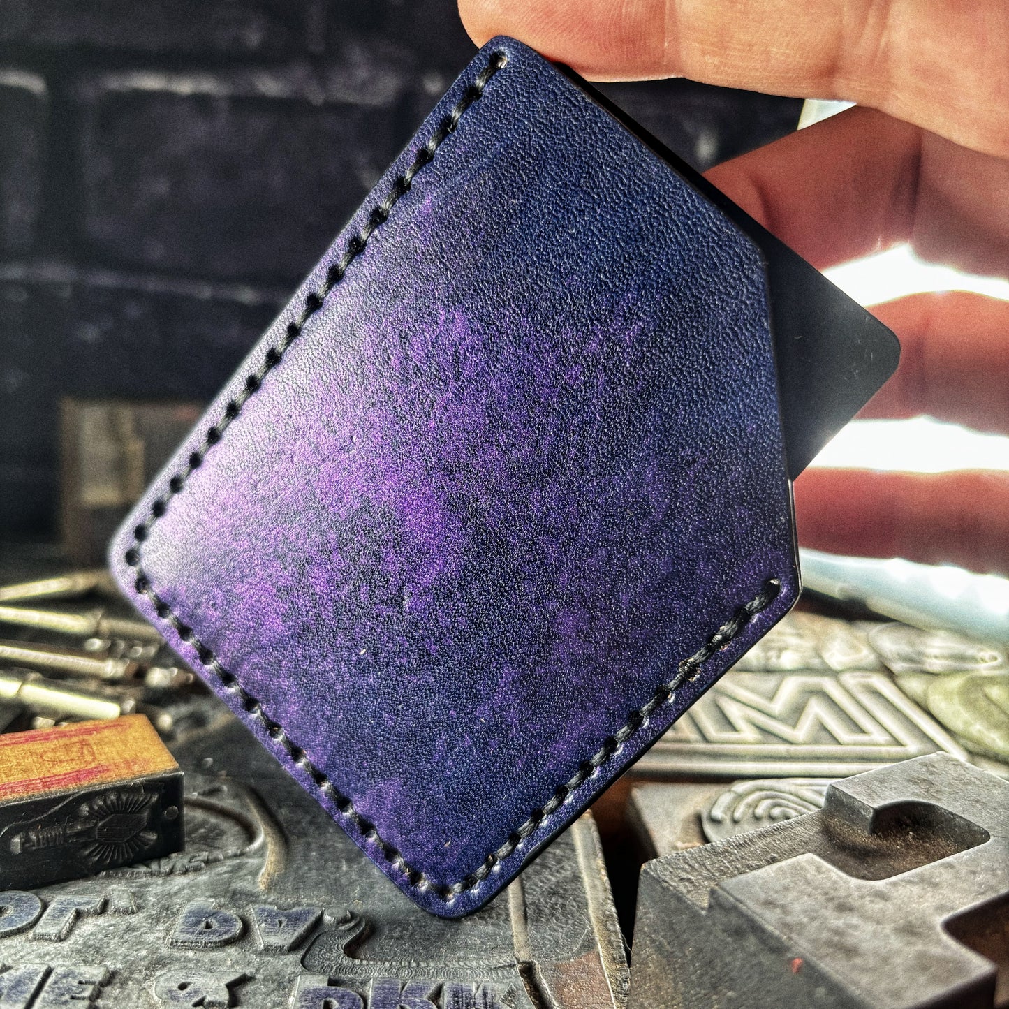 Metallic Purple Angry Kraken Embossed Hand Made Leather Minimalist Wallet