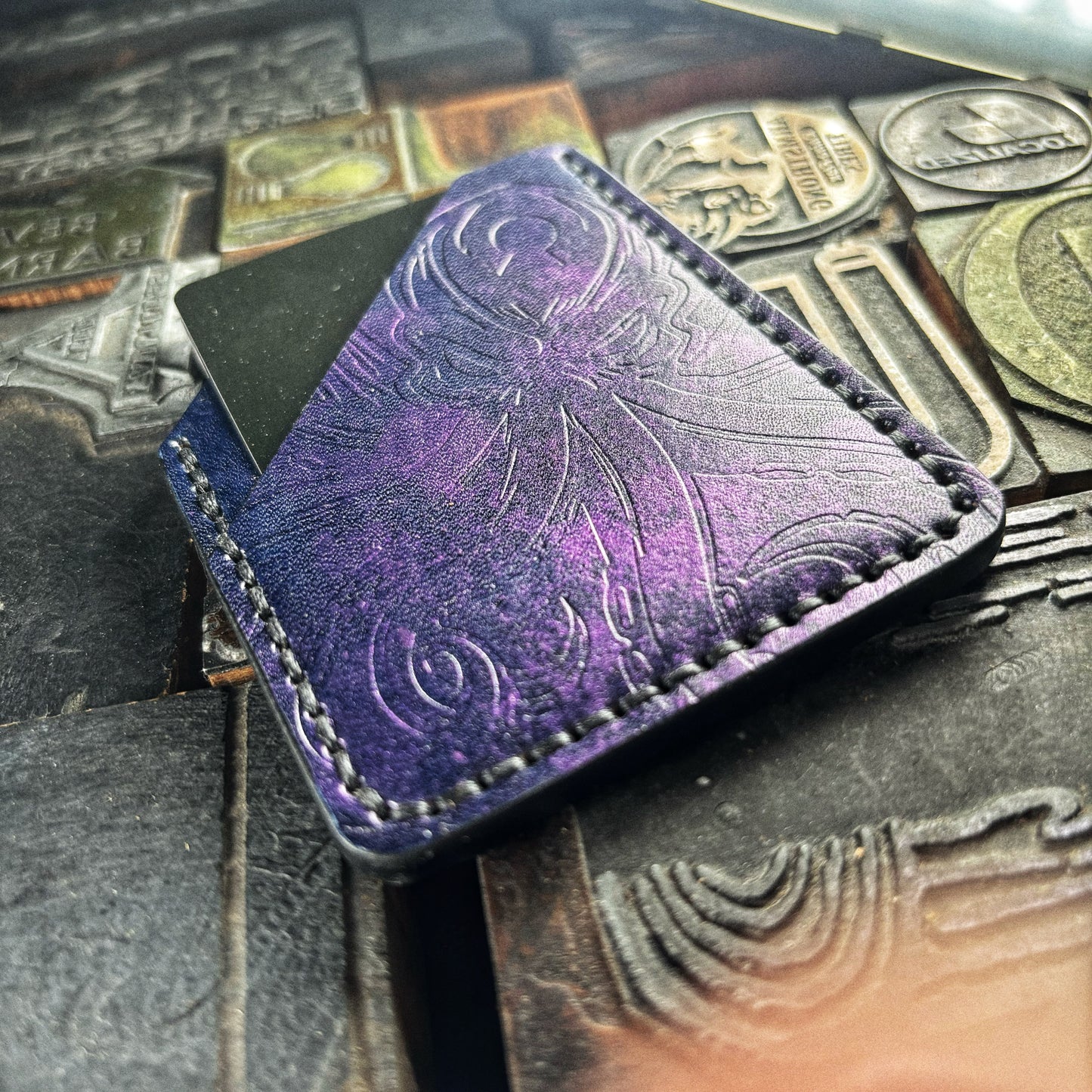 Metallic Purple Angry Kraken Embossed Hand Made Leather Minimalist Wallet