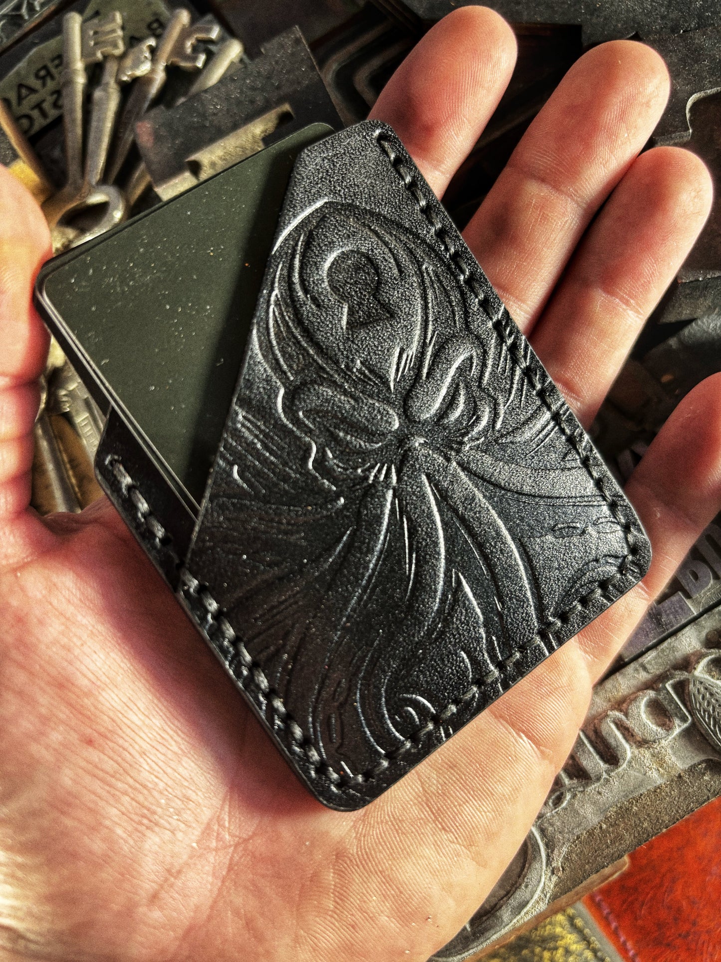 Black Angry Kraken Embossed Hand Made Leather Minimalist Wallet