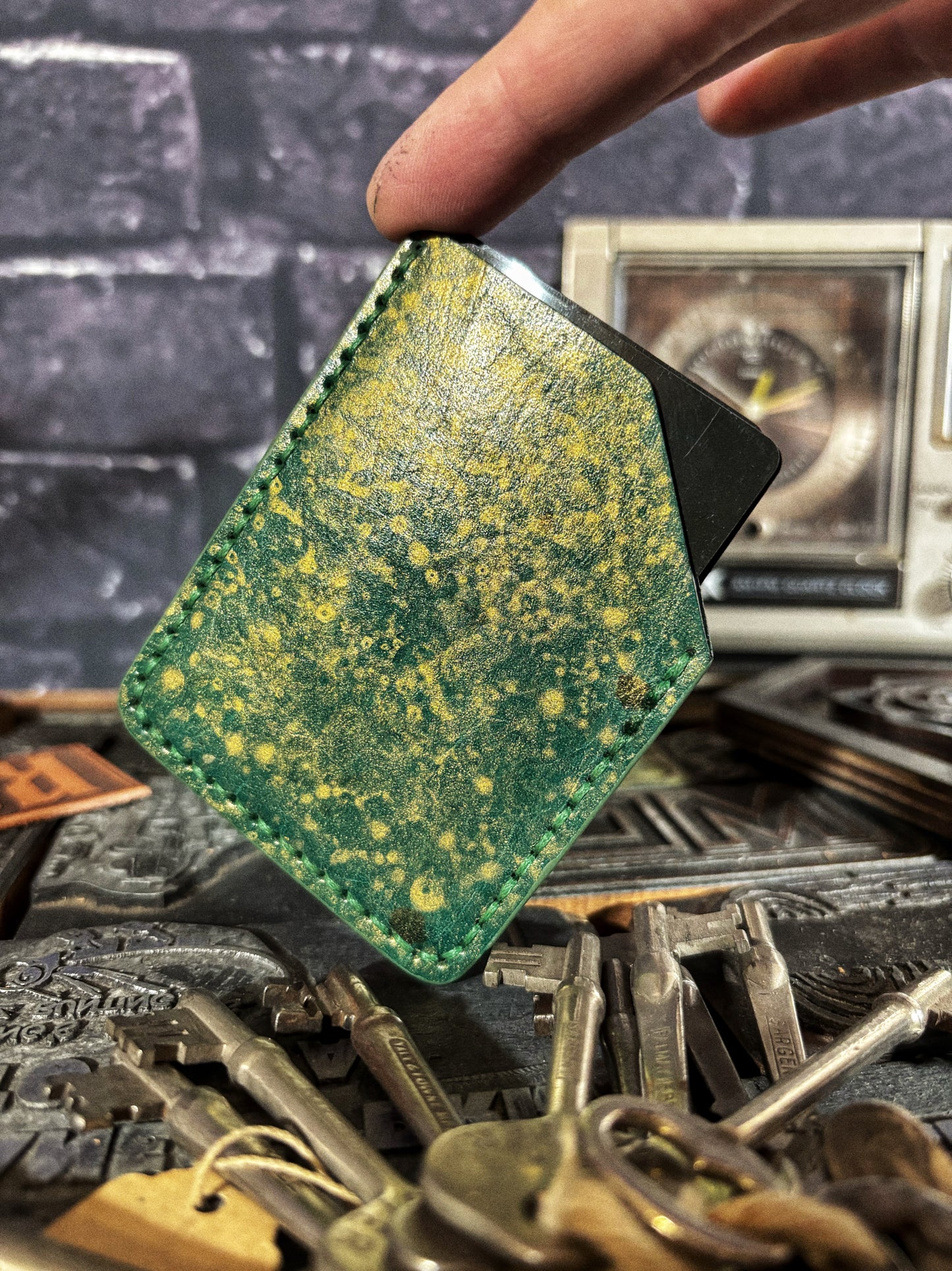 Hammered Green & Gold Grateful Dead Embossed Hand Made Leather Minimalist Wallet