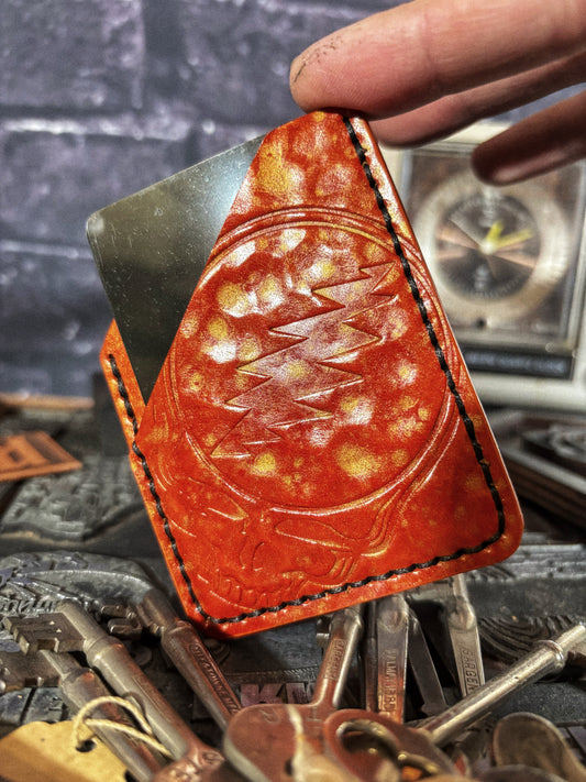 Hammered Orange & Gold Grateful Dead Embossed Hand Made Leather Minimalist Wallet