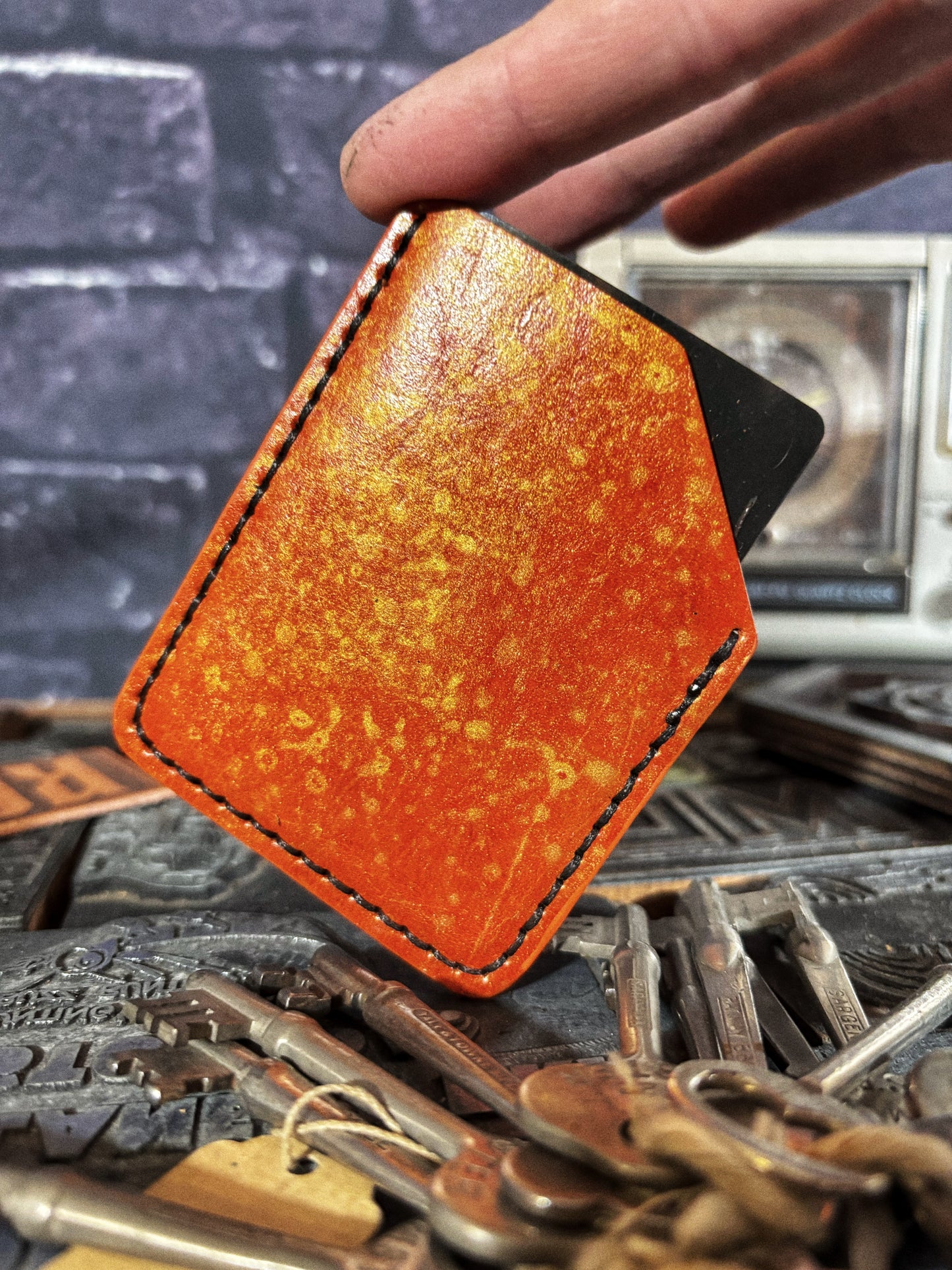 Hammered Orange & Gold Grateful Dead Embossed Hand Made Leather Minimalist Wallet