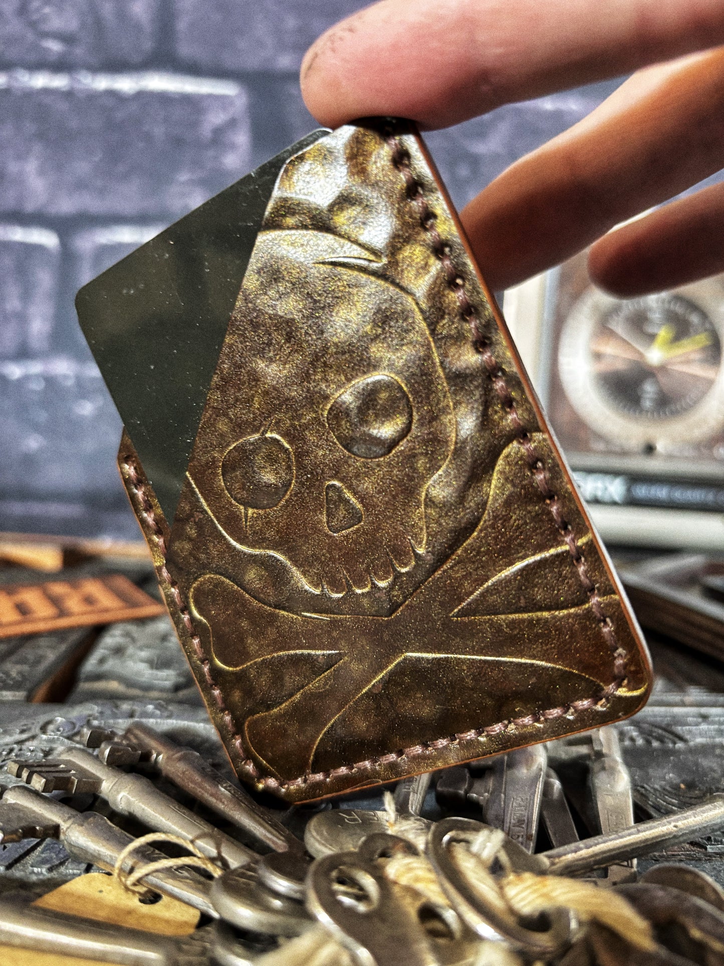 Hammered Brown & Gold Skull & Crossbones Embossed Hand Made Leather Minimalist Wallet