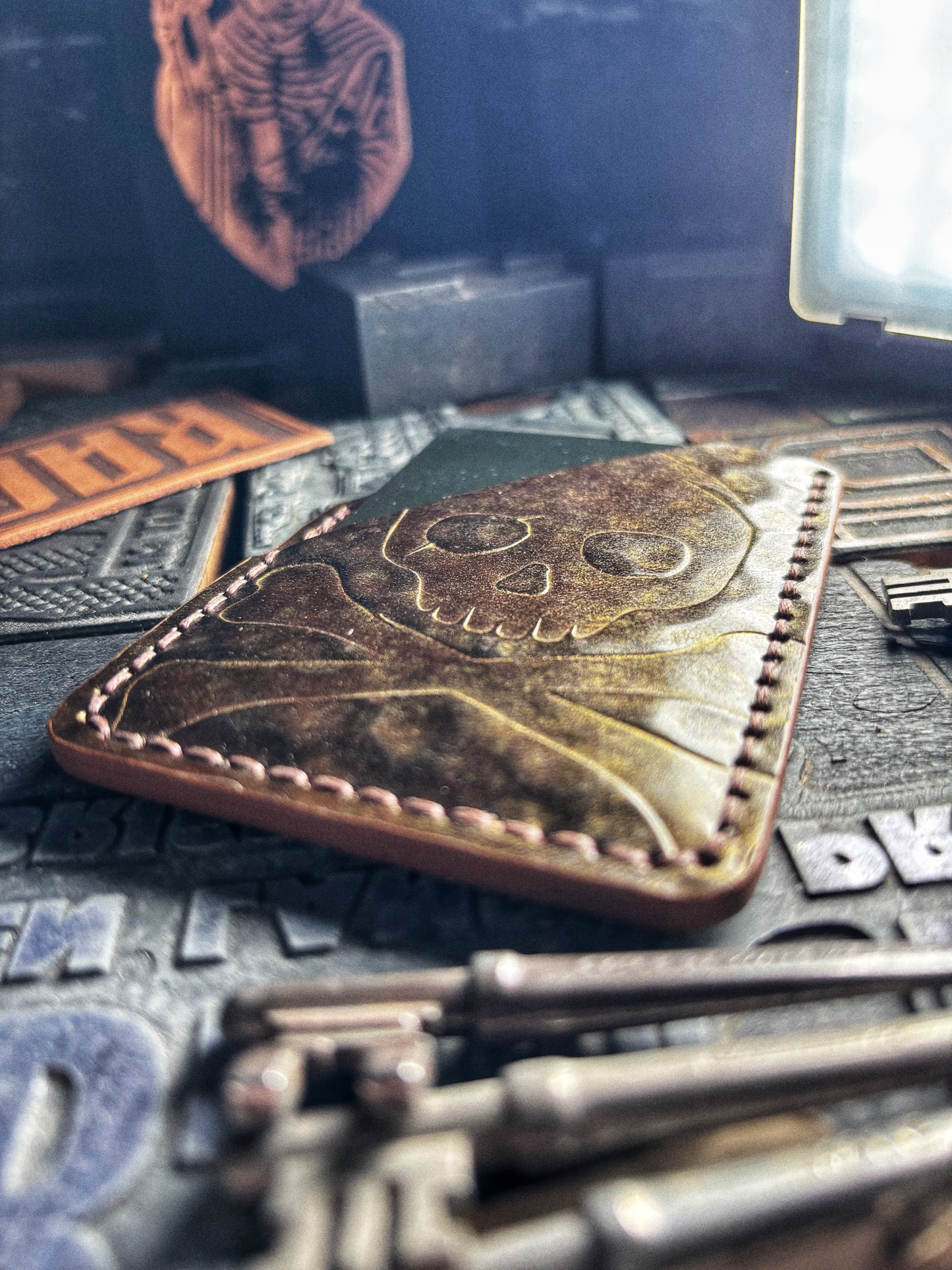 Hammered Brown & Gold Skull & Crossbones Embossed Hand Made Leather Minimalist Wallet